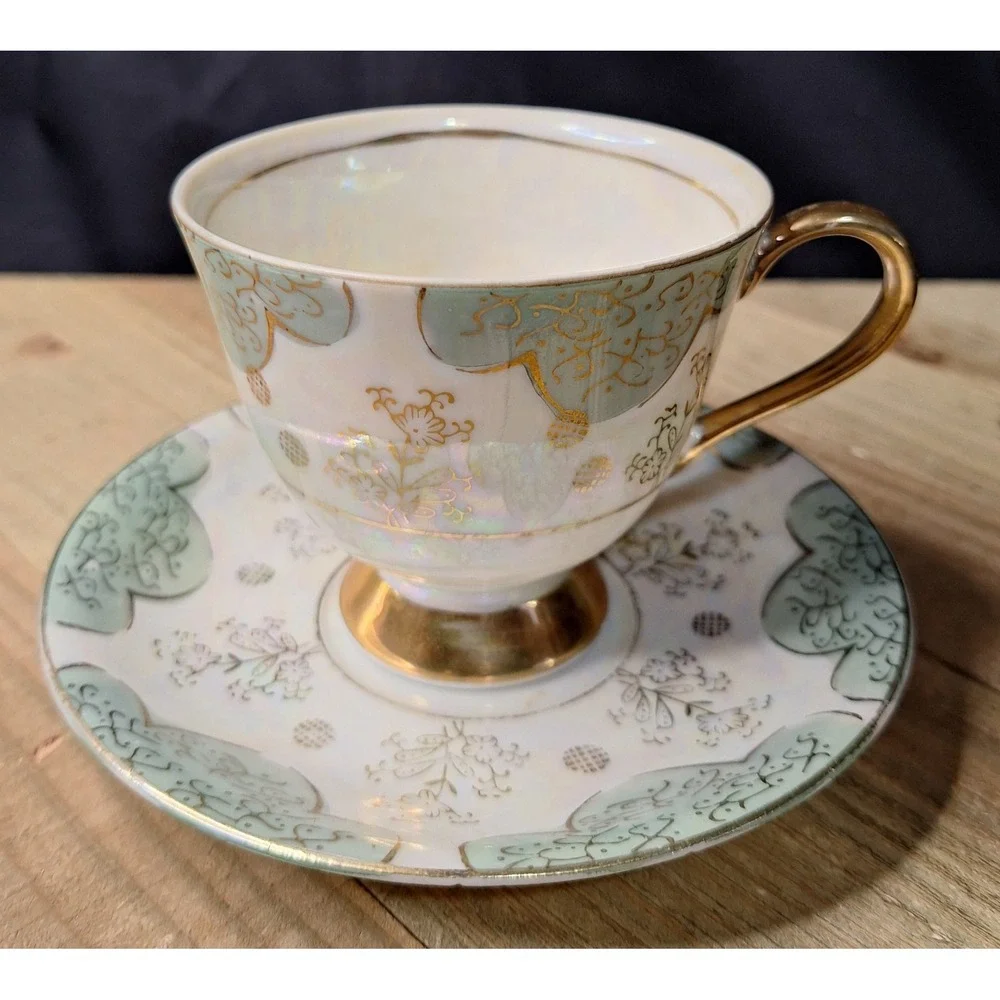 Vintage Made in Japan‎ Lusterware Teacup and Saucer Set Iridescent Gold Floral